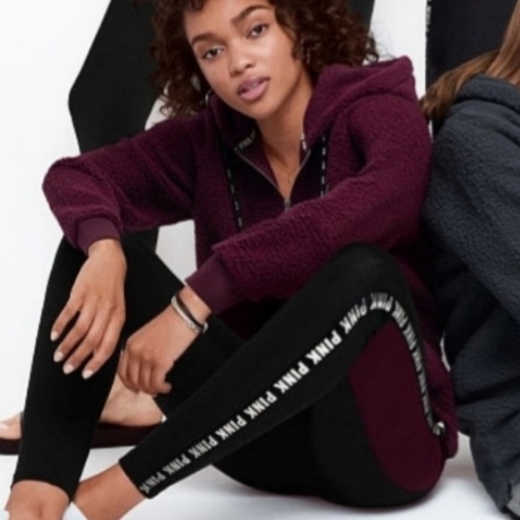 PINK Victoria's Secret Pants - Victoria’s Secret Pink Cozy Fleece Lined Leggings Pockets Burgundy Black Sliver